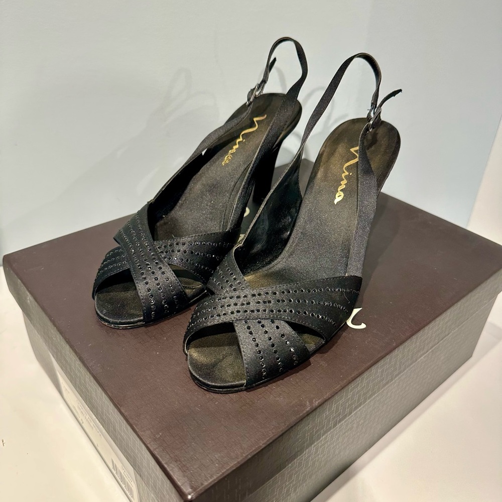 Nina Elegant Black Satin Slingback Heels with Studded Crisscross Straps - Picture 9 of 14